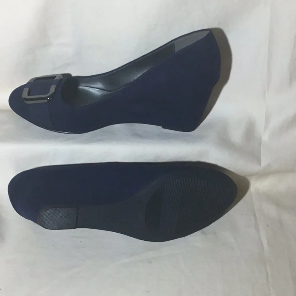 Xappeal Navy Suede Wedge Pumps with Buckle Accent